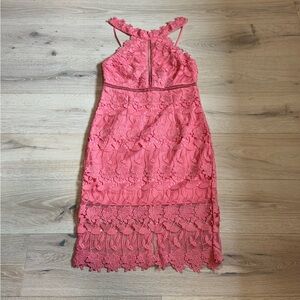 Bardot Coral Sheath Dress with Ruffled Neckline and Sleeveless Design